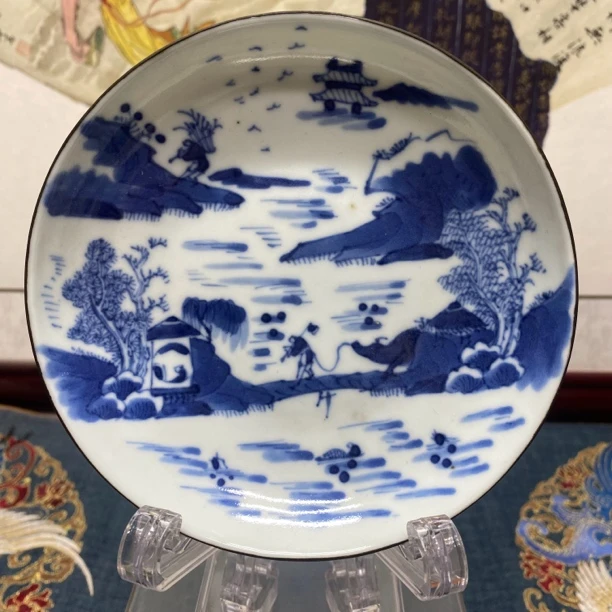 清晚期渔樵耕读青花盘24/古玩/清瓷器/KC20141018008