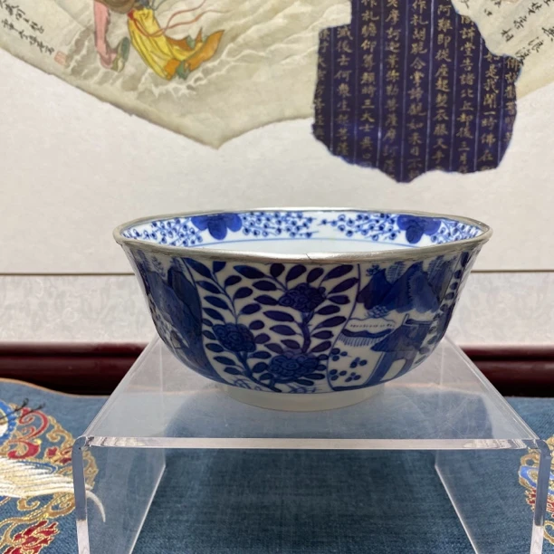 清晚期大尺寸细路青花山水大碗21/古董/收藏，KC20240820021