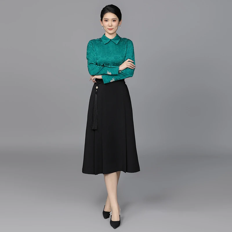 浒城古娘提花休闲长袖百搭风女士时尚通勤陌秋提花衬衫-CMT18851