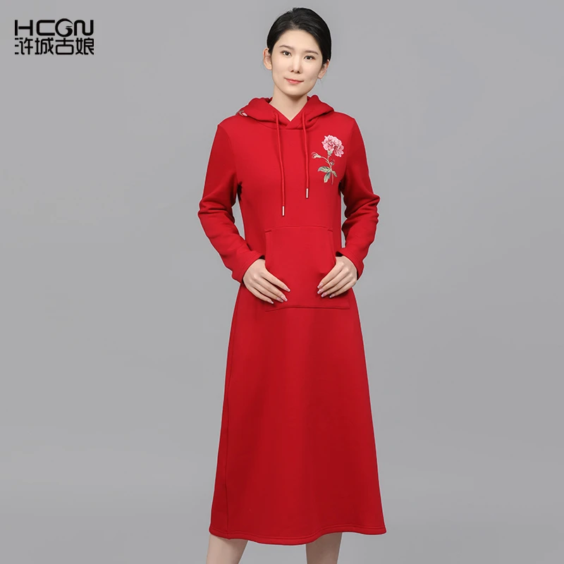秋冬休闲时尚百搭女士加绒加厚连帽中长款百花抓毛连衣裙DMT17852