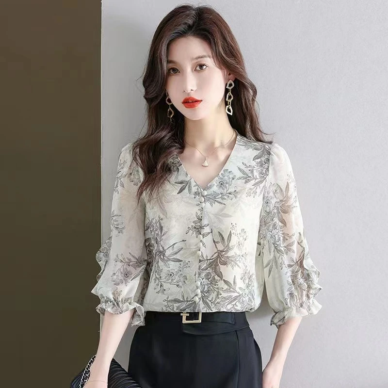 H9956时尚V领百搭小衫2025夏季新款小衫女泡泡袖宽松七分袖上衣