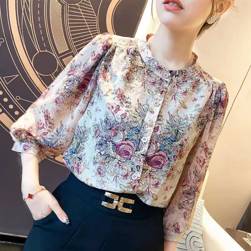 X9916时尚碎花小衫上衣高档七分袖衬衫女宽松洋气衬衣女