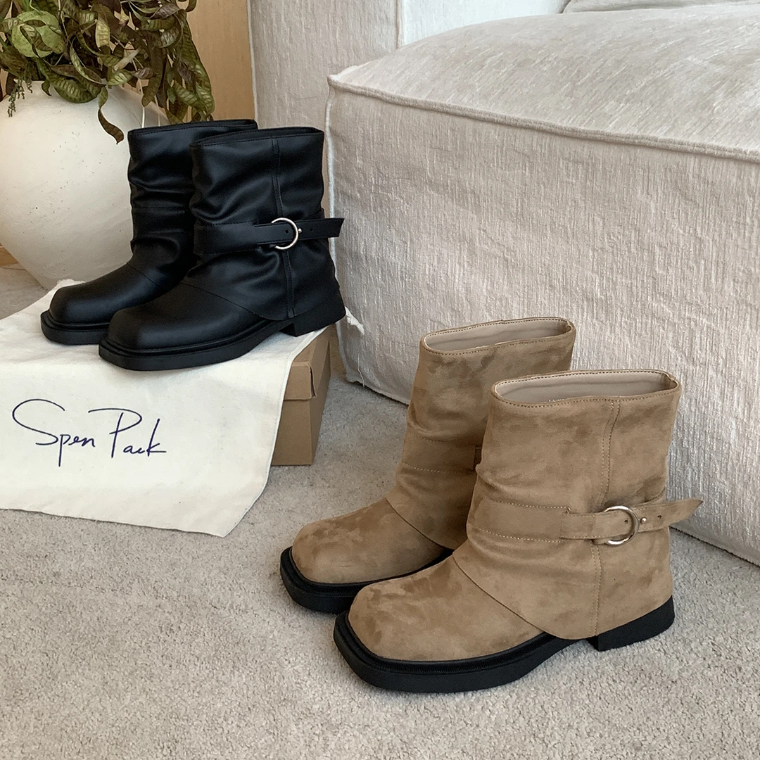 BAO/宝小姐厚底2024秋季新款短靴女款复古粗跟褶皱堆堆靴8089-2