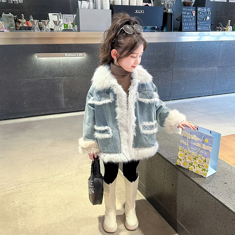 男童加绒牛仔外套2024冬季新款中大童加厚拼接上衣儿童韩版时尚潮