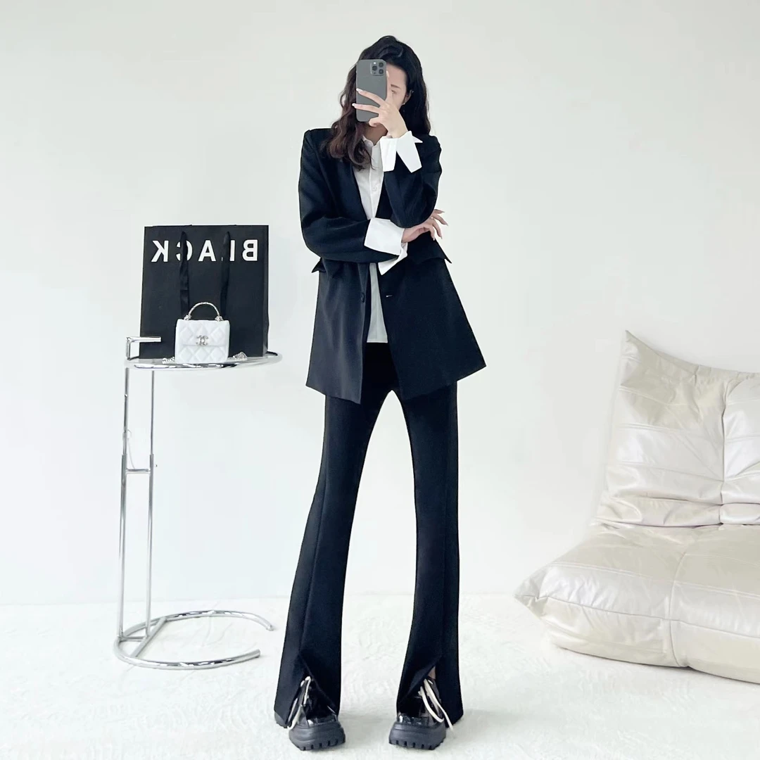 秋款休闲黑色开叉西装裤女高腰垂感拖地微喇叭裤显瘦修身长裤
