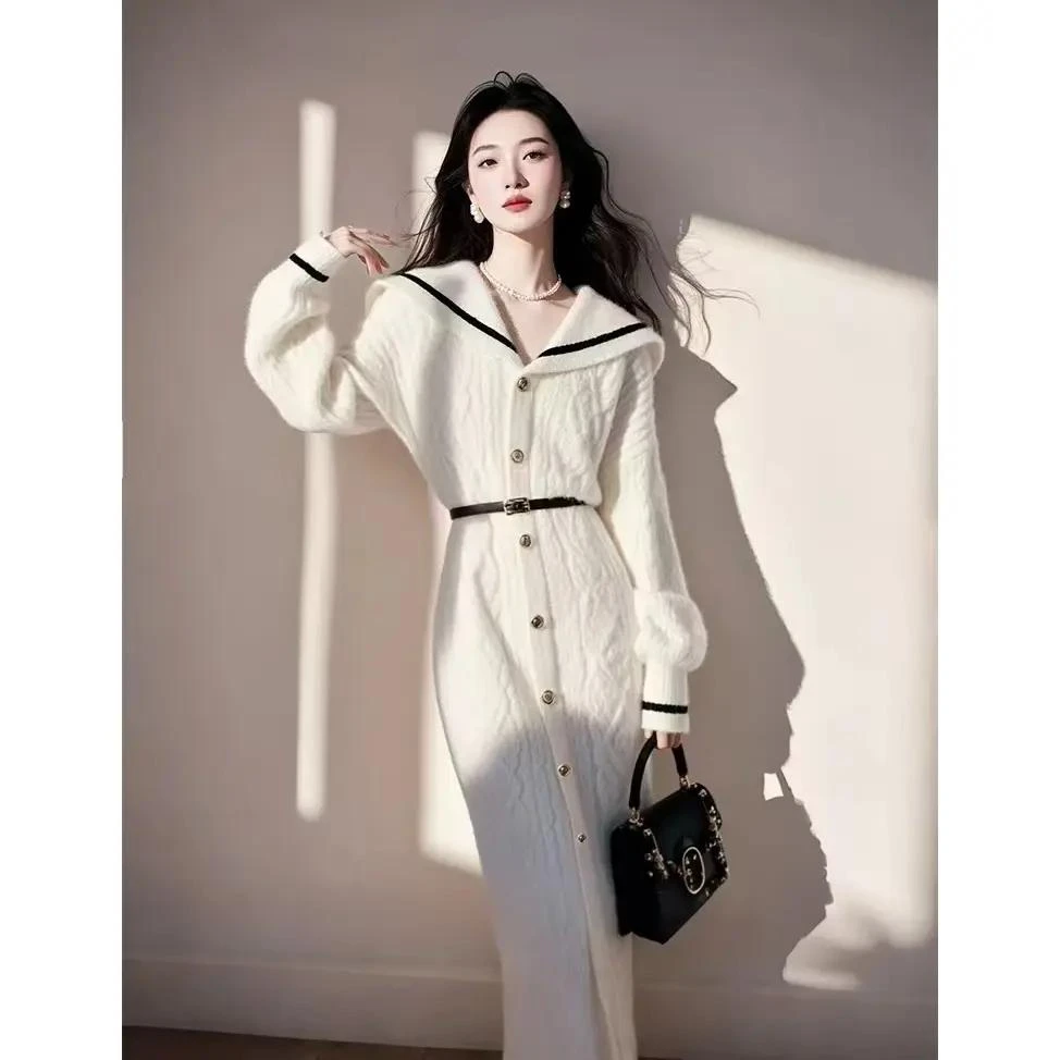 小香风白色海军领毛衣连衣裙女2024冬季超好看法式打底针织长裙子