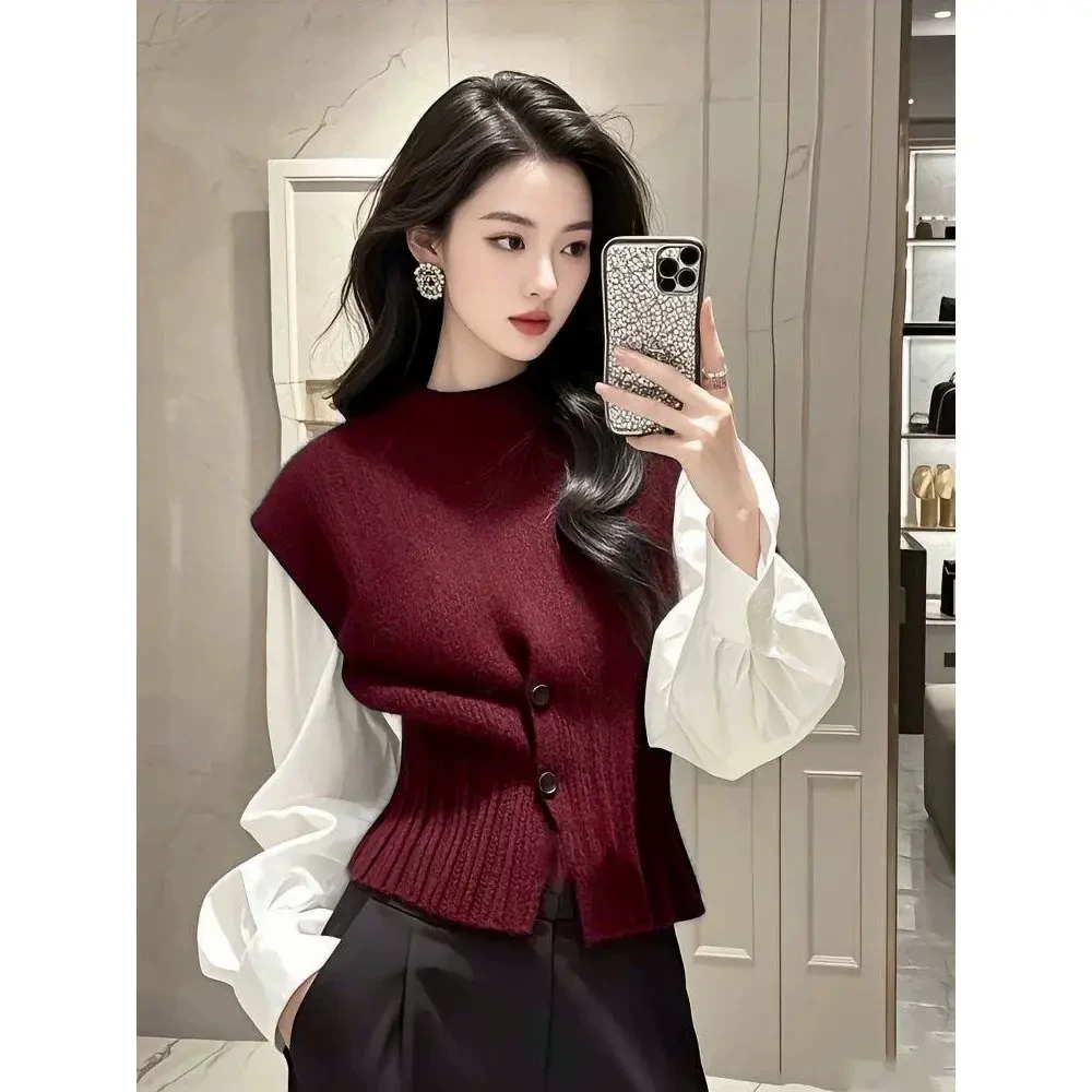 针织马甲衬衫上衣两件套女冬季大码胖mm韩系气质轻熟高级叠穿套装