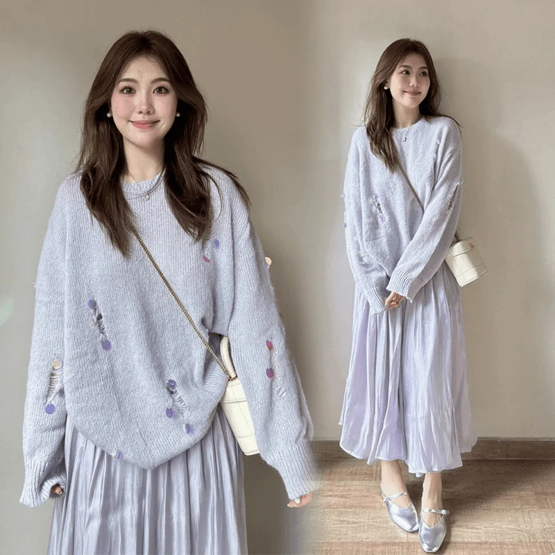 入秋搭配一整套温柔风套装气质紫色亮片针织衫高腰半身裙两件套