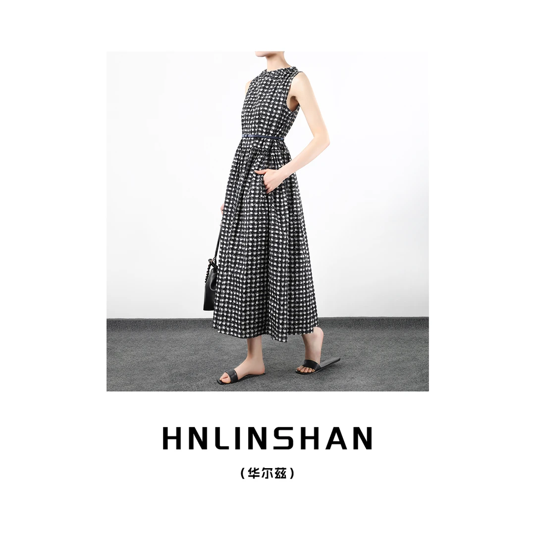 【华尔兹】夏新款优雅印花格纹棉府绸连衣裙LS20431509