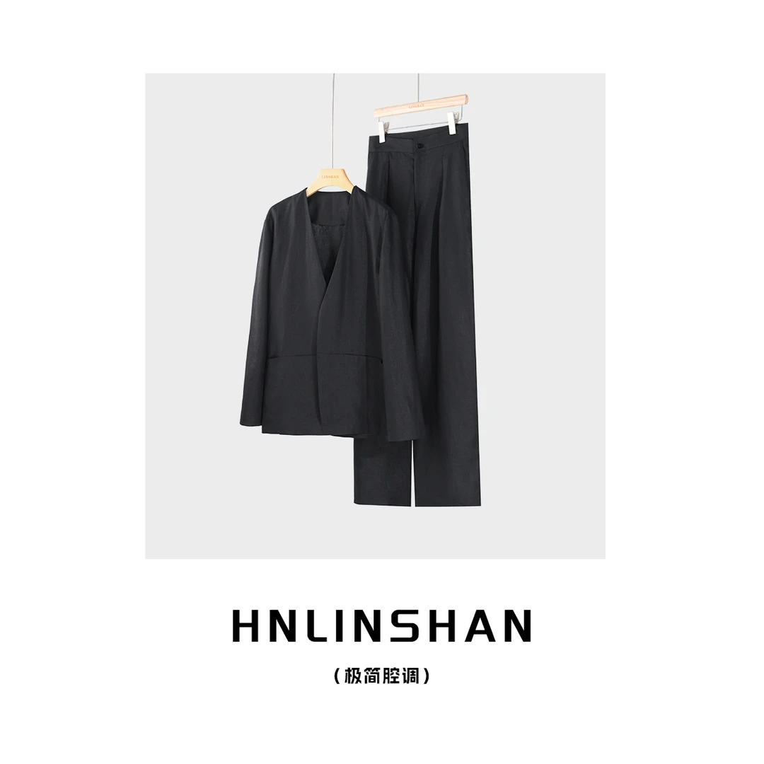 【清】【极简腔调】马吉垃亚麻百搭无领西装套装LS10441001