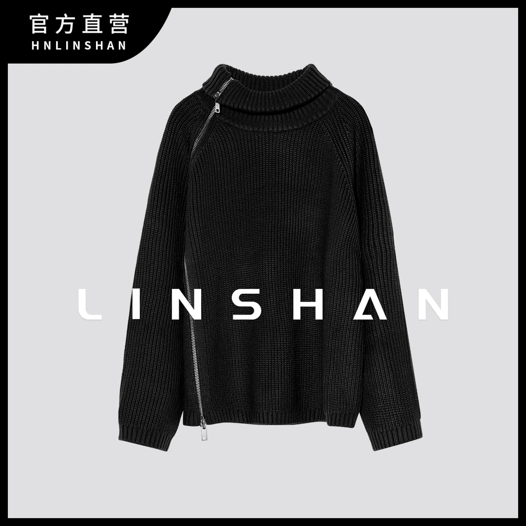 【清】灰色半拉链双拉头宽松慵懒风加厚高领毛衣23319102