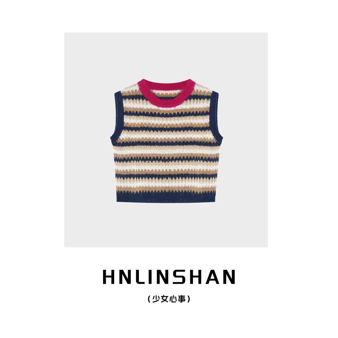 【清】【少女心事】休闲条纹无袖圆领百搭女士时尚提花背心CC10419801