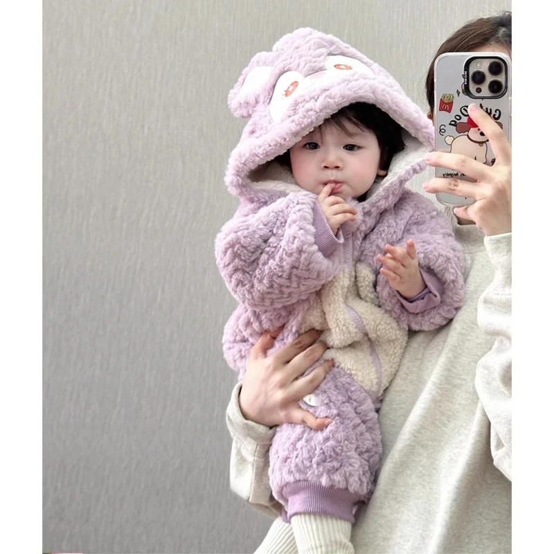 婴儿可爱小兔毛毛加厚连帽连体衣冬装韩版加绒保暖连帽爬服外出服
