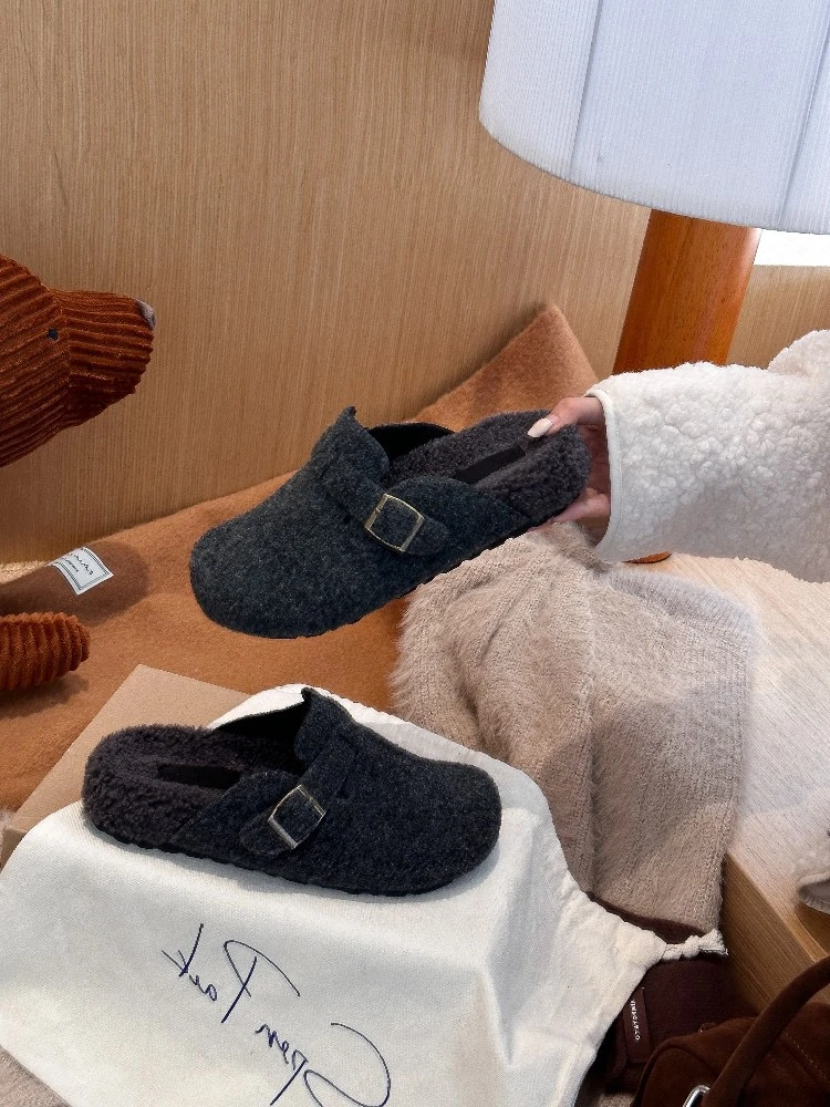 【毛呢勃肯】冬季韩版加绒简约百搭时尚包头拖