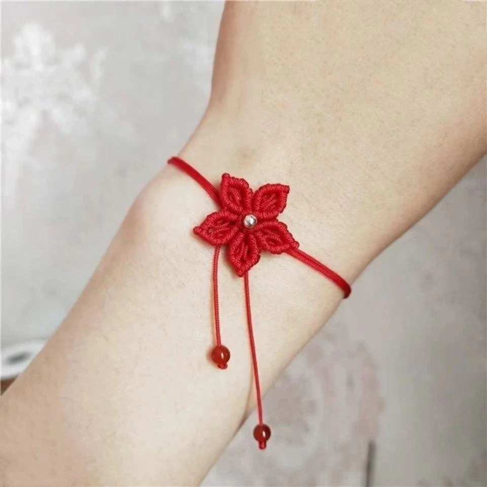 铁手链 手工编织本命年红绳小红花手链古风简约女款红色饰品脚链