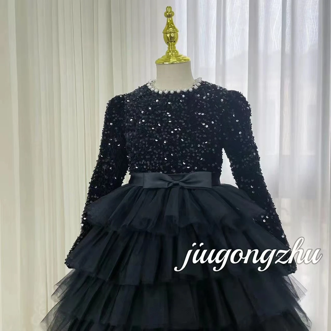 【黑精灵】女童公主裙花童婚纱高端儿童礼服裙儿童裙钢琴长袖气质