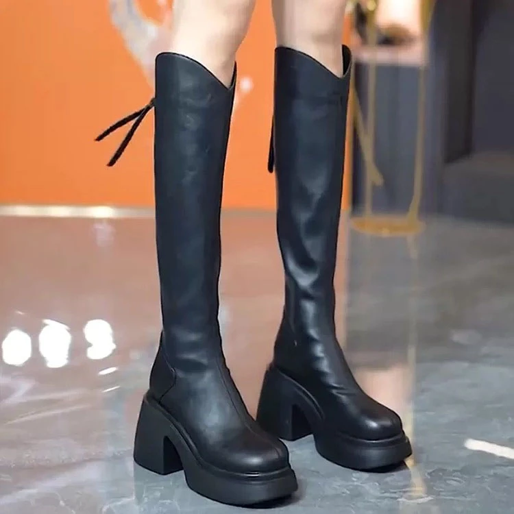 厚底真皮长筒靴2024秋冬新款高跟靴V口气质不过膝长靴骑士靴【主】