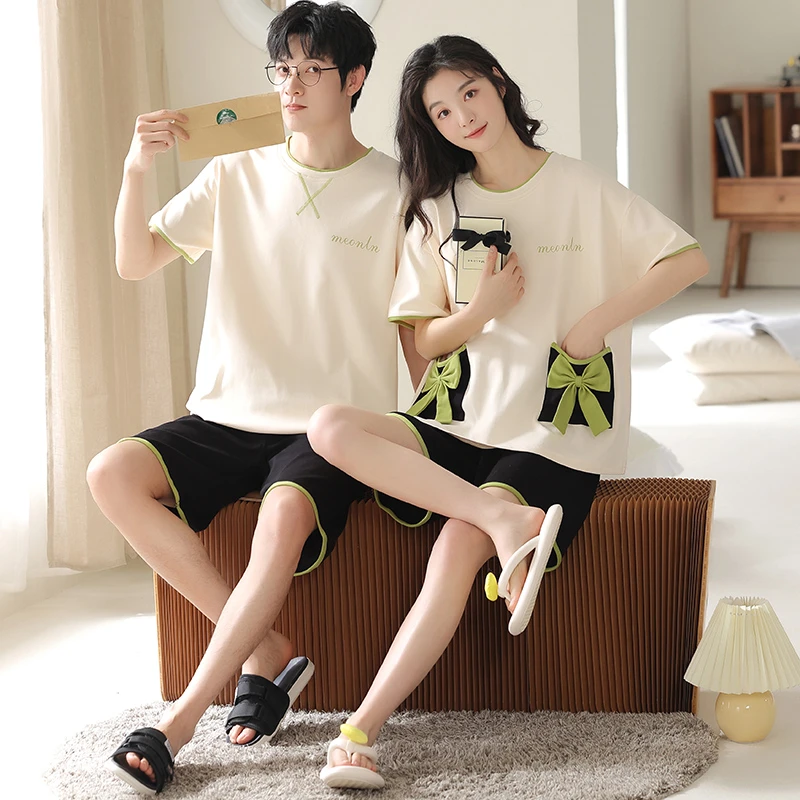 高档裸感情侣睡衣女夏季薄款全棉女士大码宽松痞帅纯棉男睡衣外穿