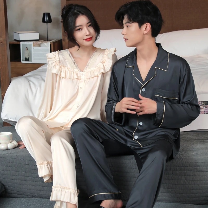 高档情侣睡衣女冰丝大码宽松仿真丝丝绸家居服套装可外穿男士睡衣