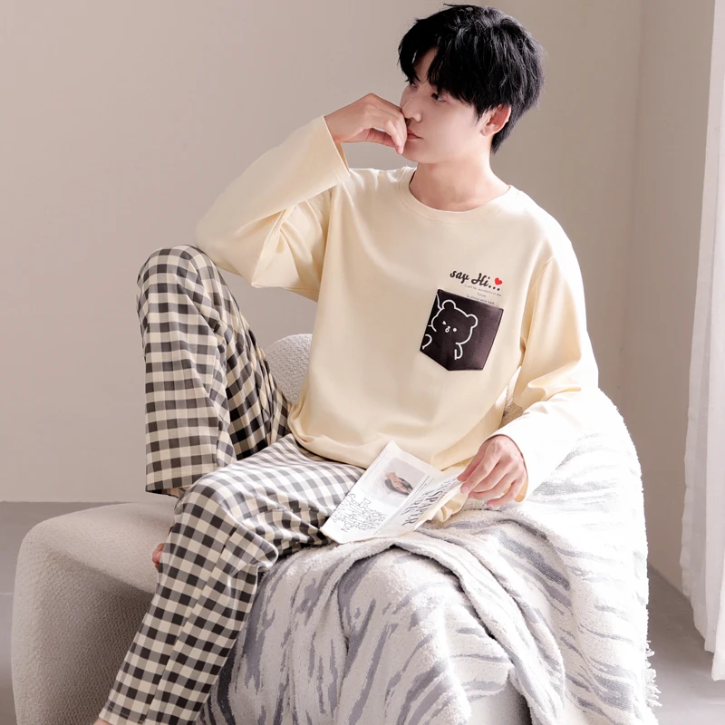 100%纯棉睡衣男秋季长袖薄款青少年可爱卡通男士全棉宽松睡衣套装