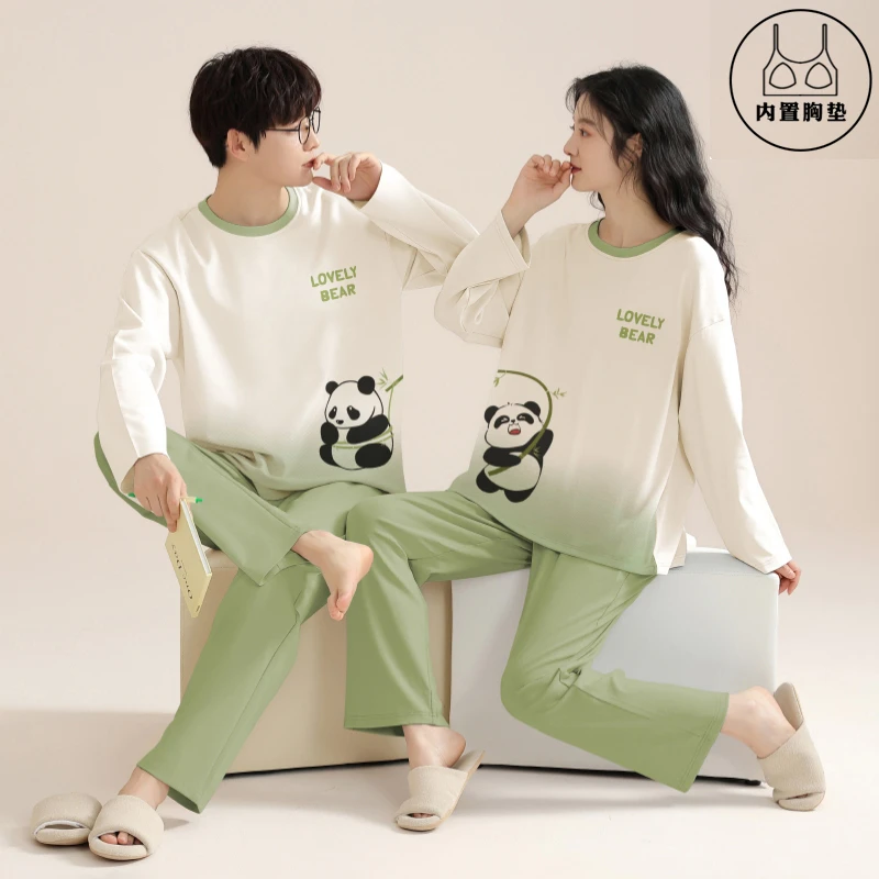 纯棉情侣睡衣女带胸垫长袖情侣套装卡通睡衣男长袖宽松全棉家居服