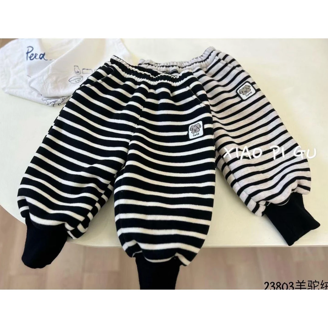 女童条纹休闲裤2024冬季韩版儿童运动卫裤女宝宝洋气百搭加厚裤子