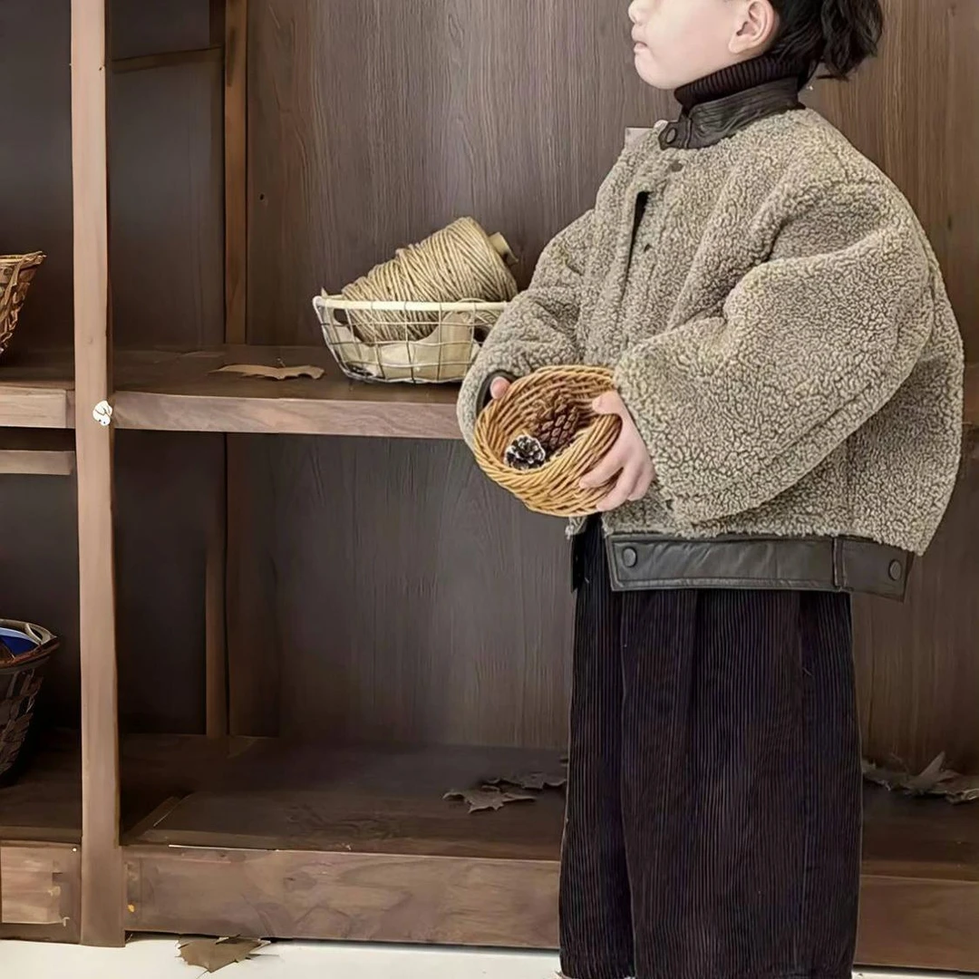 男童冬季毛毛衣棉服套装2024新款加绒加厚拼接外套加绒裤子两件套