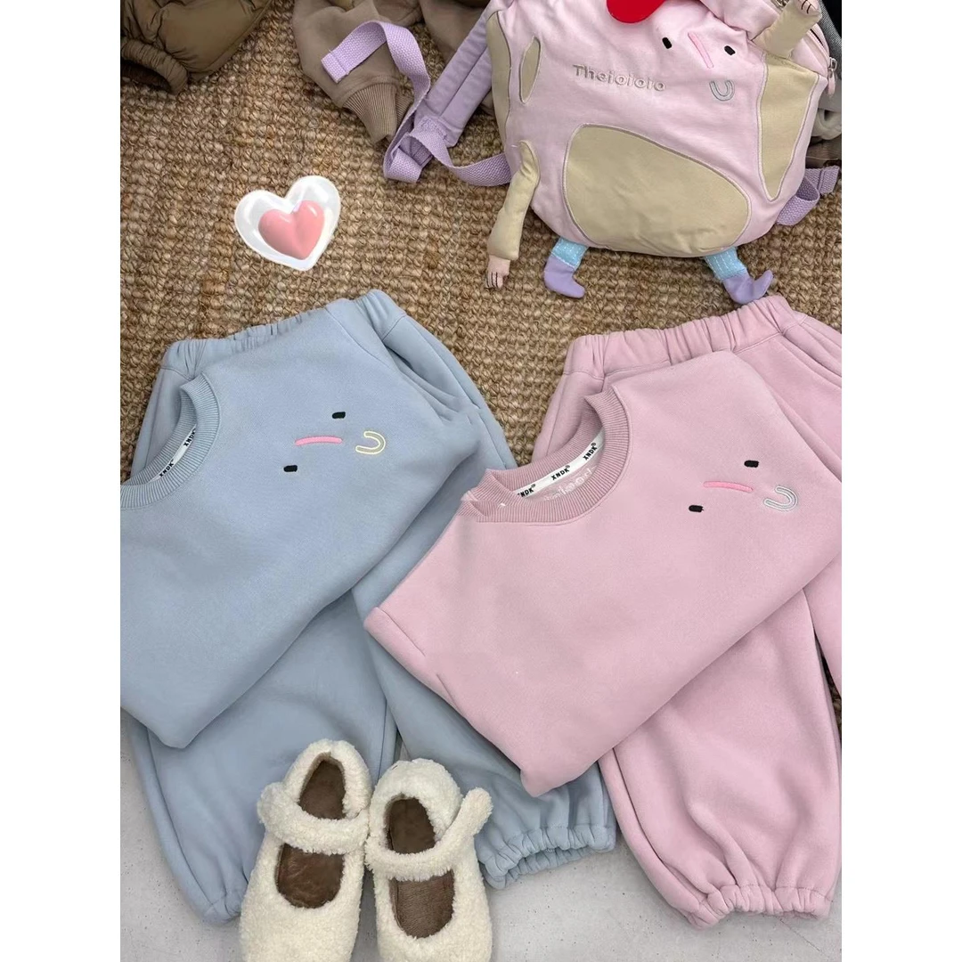 女童秋冬套装2023冬季新款韩版加绒纯色卫衣休闲套装百搭套头卫衣