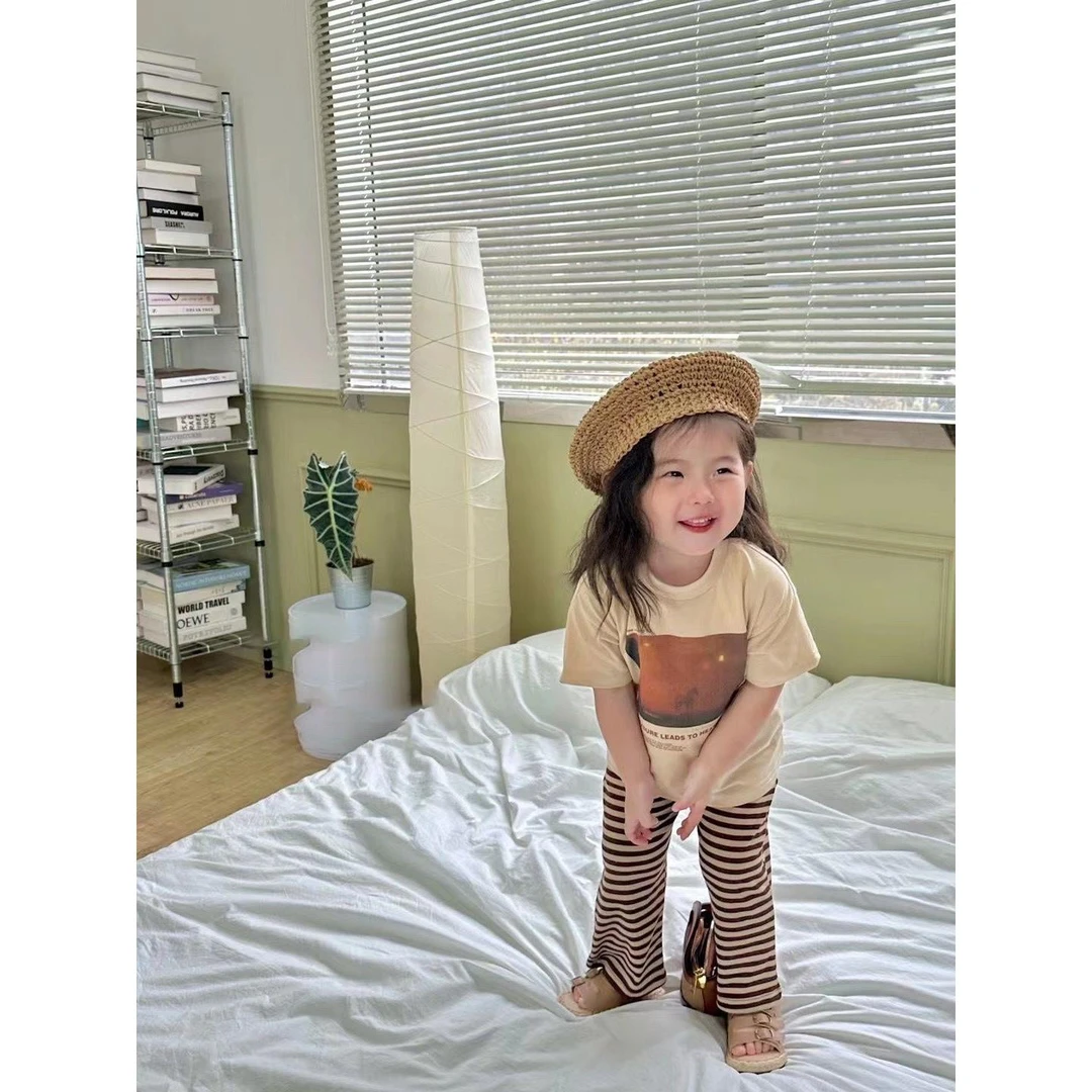 女童2024年韩版宝宝纯棉印花短袖T恤上衣松紧收腰条纹阔腿裤套装.