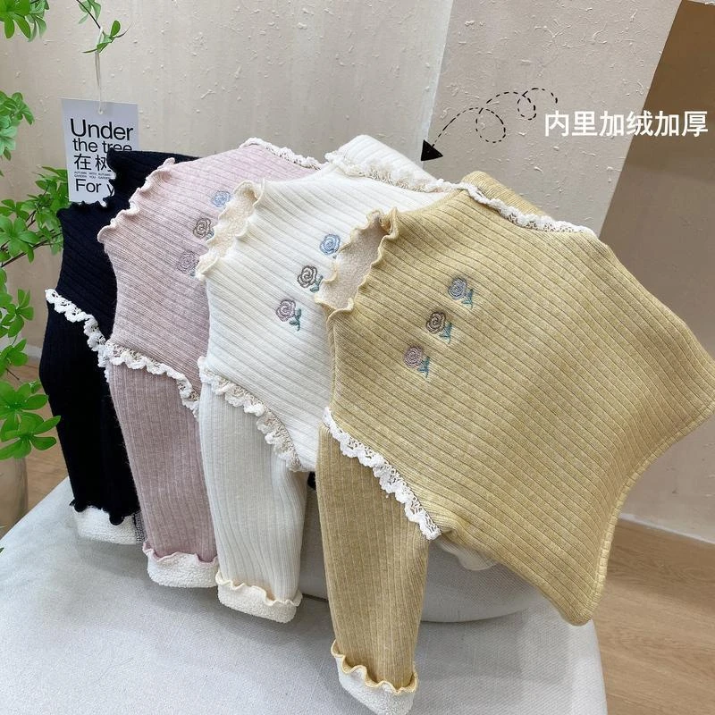 女童加绒打底衫秋冬2024新款宝宝冬季洋气儿童冬装半高领加厚上衣