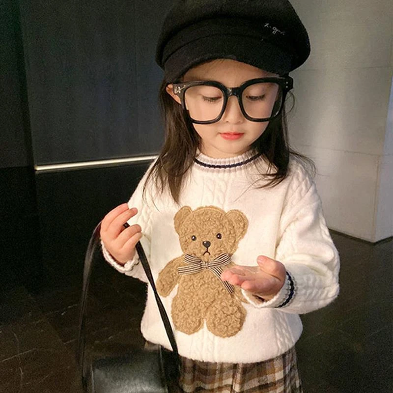 女童毛衣洋气2024秋装新款上衣儿童女宝复古卡通加绒针织打底线衣
