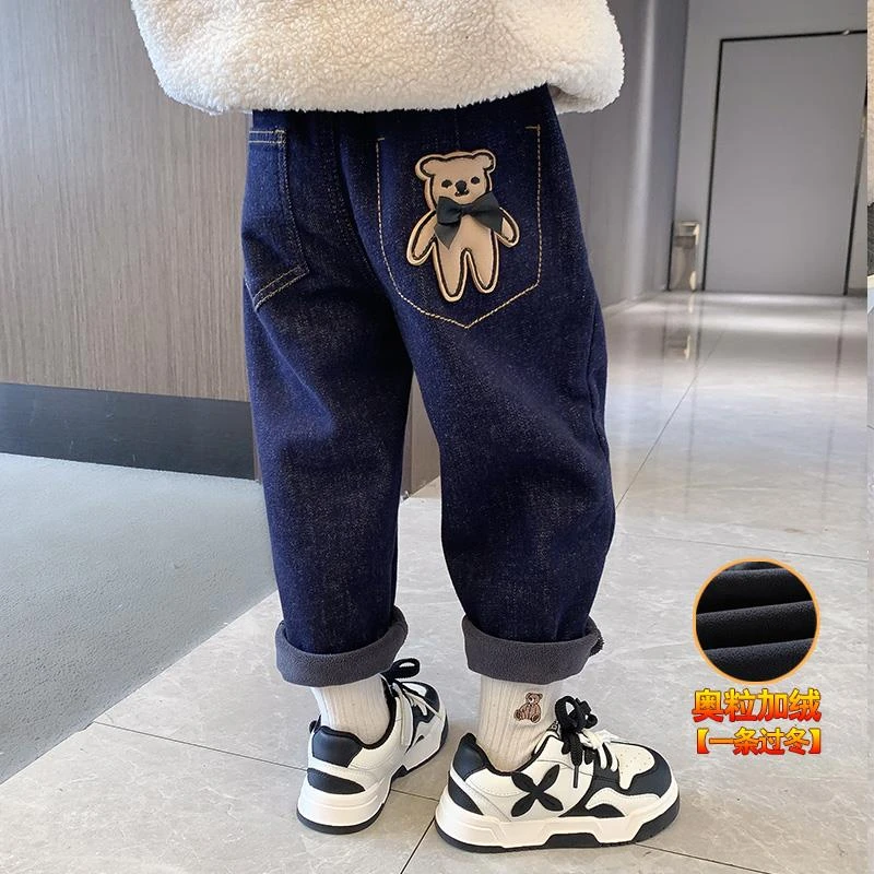 女童加厚一体绒牛仔裤秋冬2023新款洋气韩版儿童冬装加绒休闲裤子