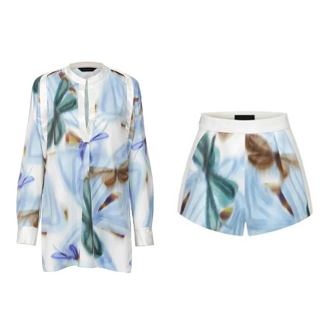 樺仔 法式设计感丝滑印花走秀款镂空假两件套装