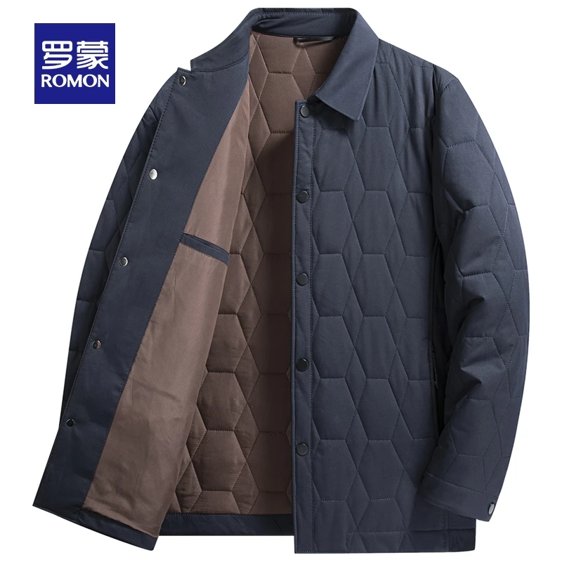 罗蒙中长款商务翻领棉衣秋冬新款中老年休闲舒适百搭保暖男士棉服