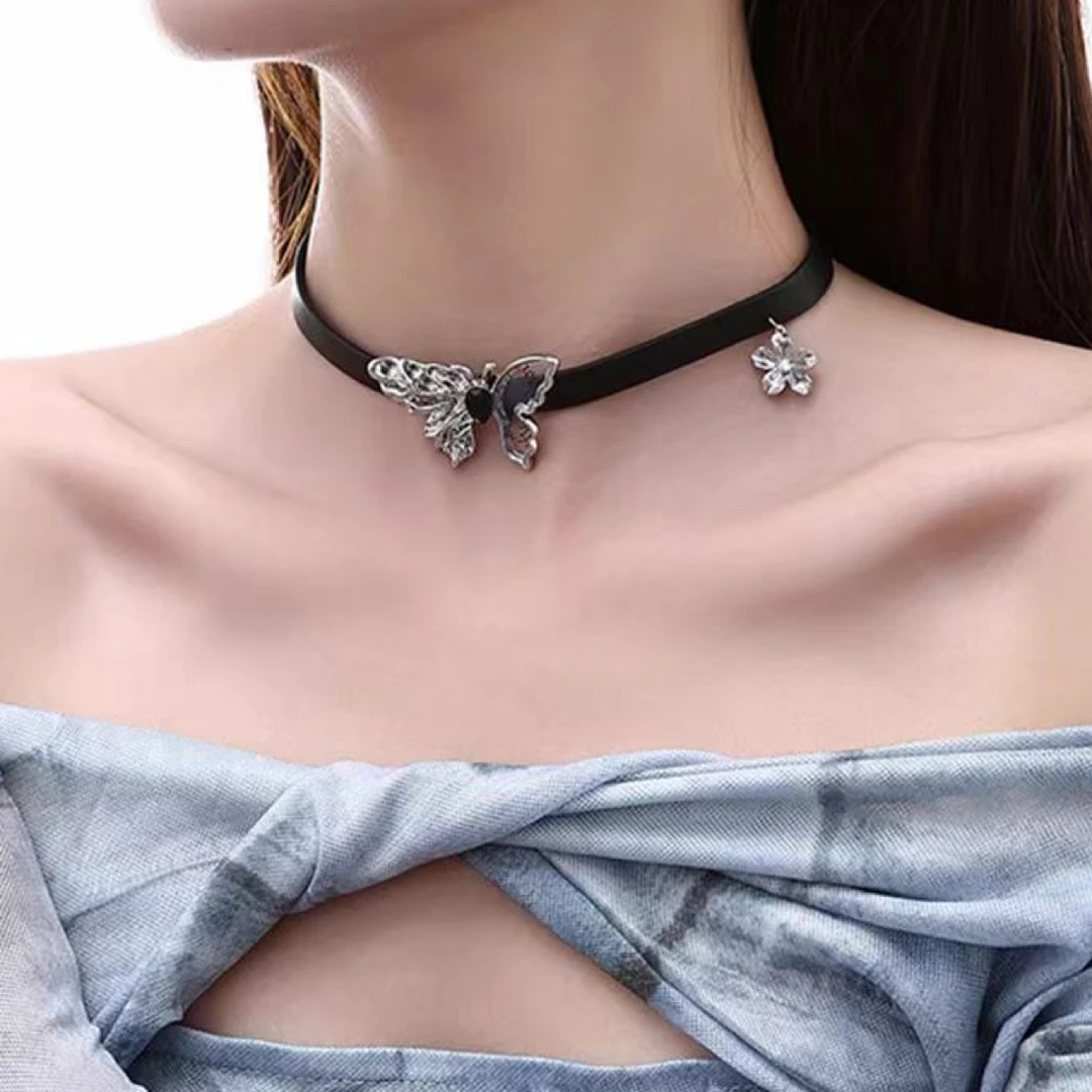 非金属皮质项链 01940新中式水墨画蝴蝶黑色皮质简约百搭锁骨链