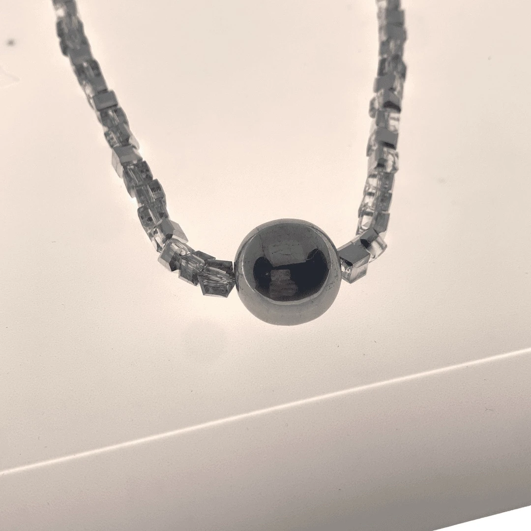 铜合金仿水晶项链 01877大绮原创透明灰白小方块仿水晶圆球项链