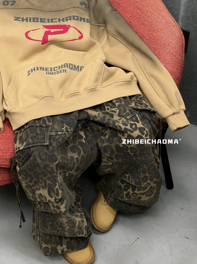 新款潮牌一体绒街头豹纹裤