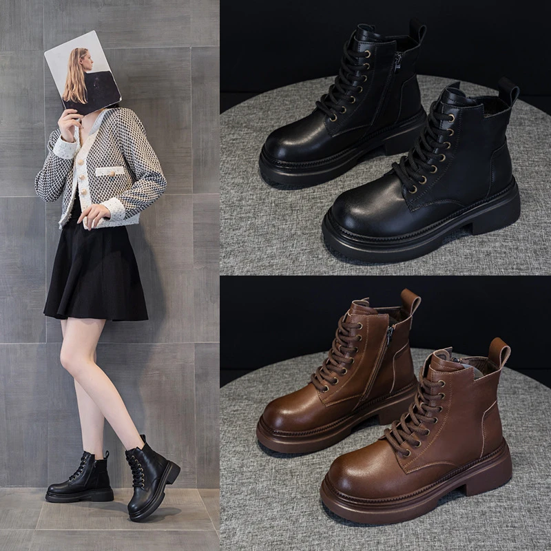 厚底马丁靴女2024秋冬季新款小个子薄款单靴英伦风复古短筒拼