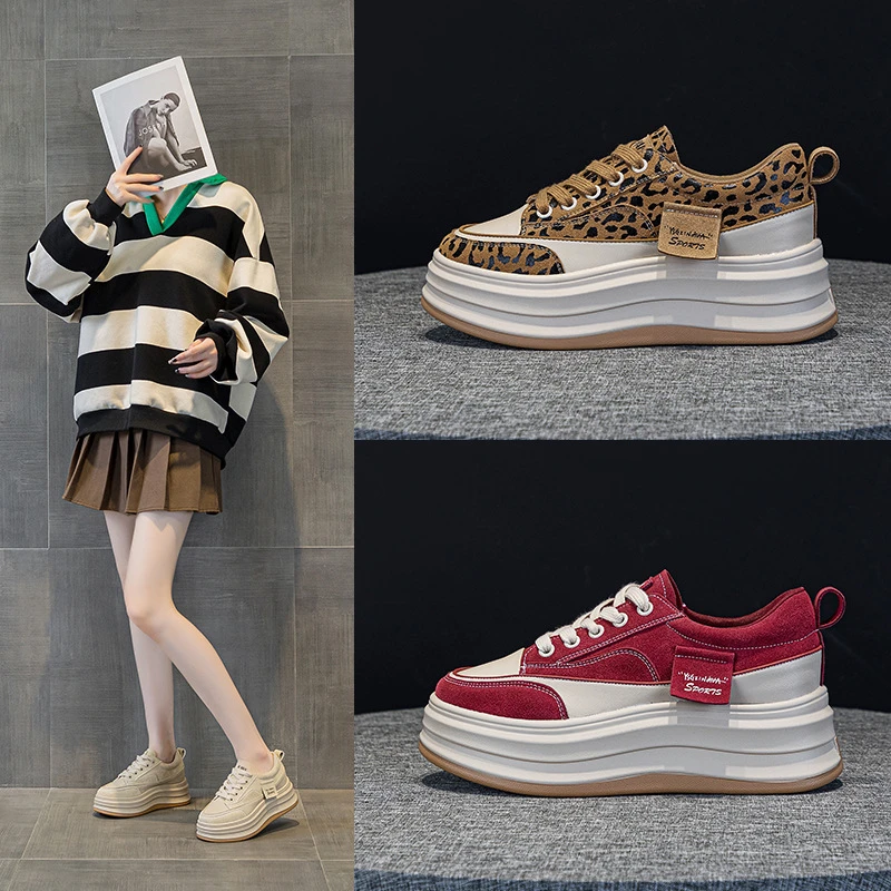 小白鞋女2024秋新款高跟厚底透气显脚小百搭休闲板鞋牛皮鞋面