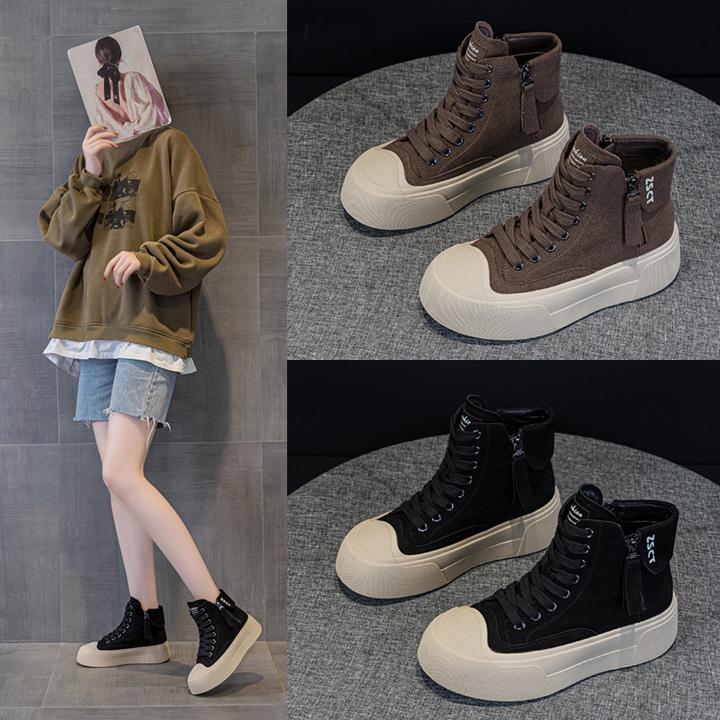 新款秋季女高帮鞋休闲牛皮圆头中跟鞋拼色皮革拼接网布鞋前系带时