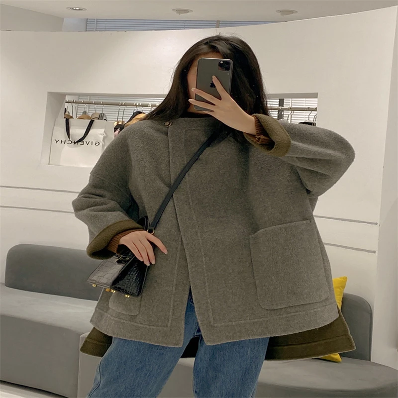 徐大可家2023秋冬新款韩版高端短款双面大衣圆领女慵懒风大衣