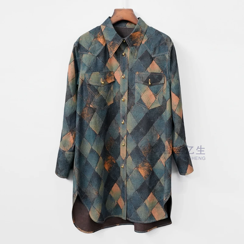 西部牛仔！秋冬复古格子翻领上衣长袖休闲百搭衬衫女中长款X3088