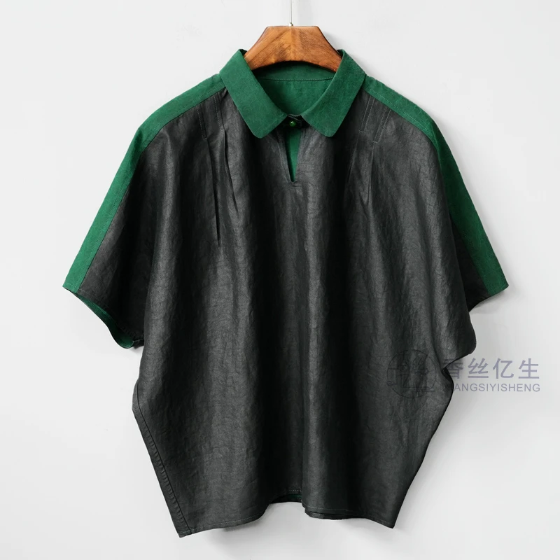 怡然!香云纱绿色龟纹气质减龄百搭优雅女士短袖衬衫X2958