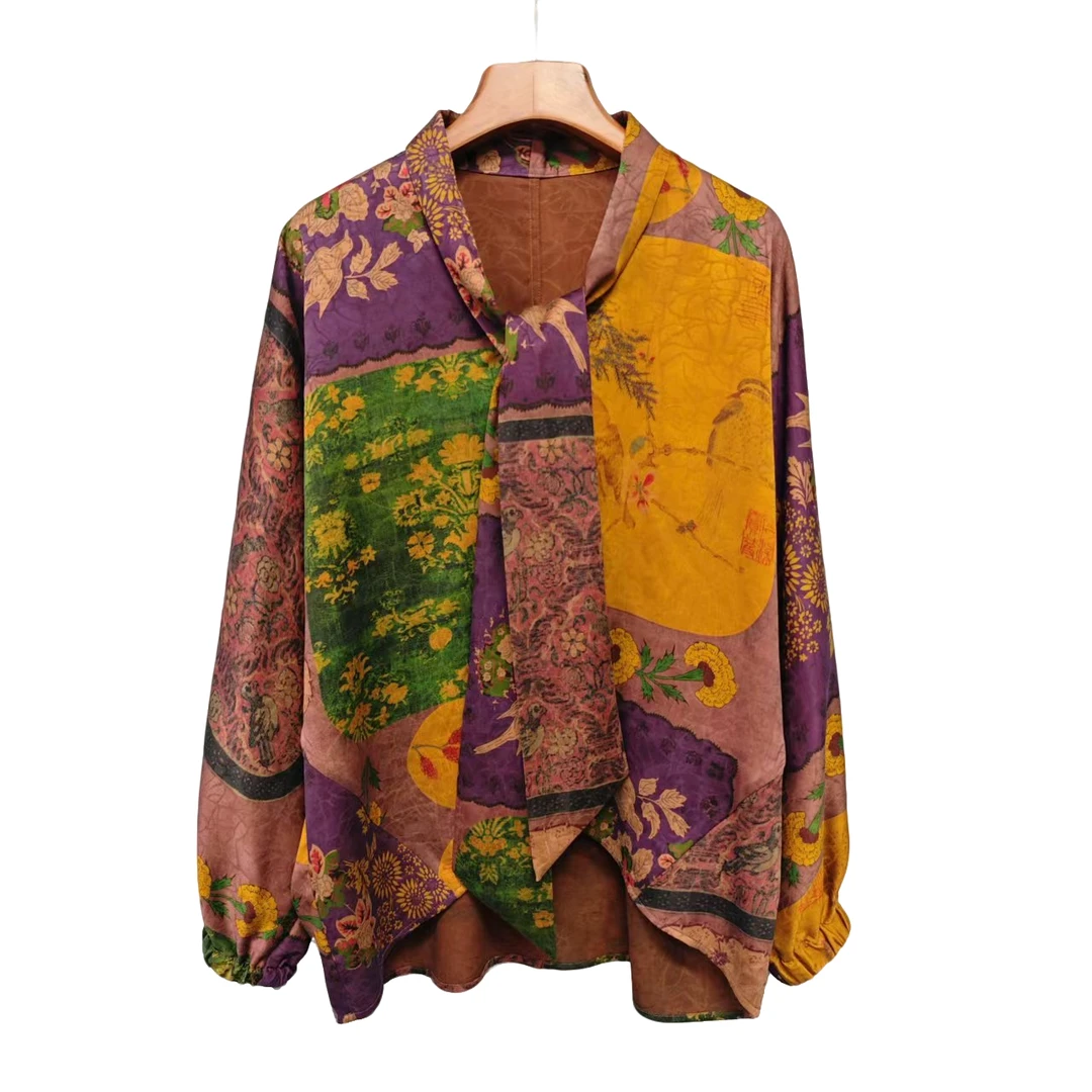 香云纱红云纱飘带领花色气质时尚复古女士长袖衬衫X3068