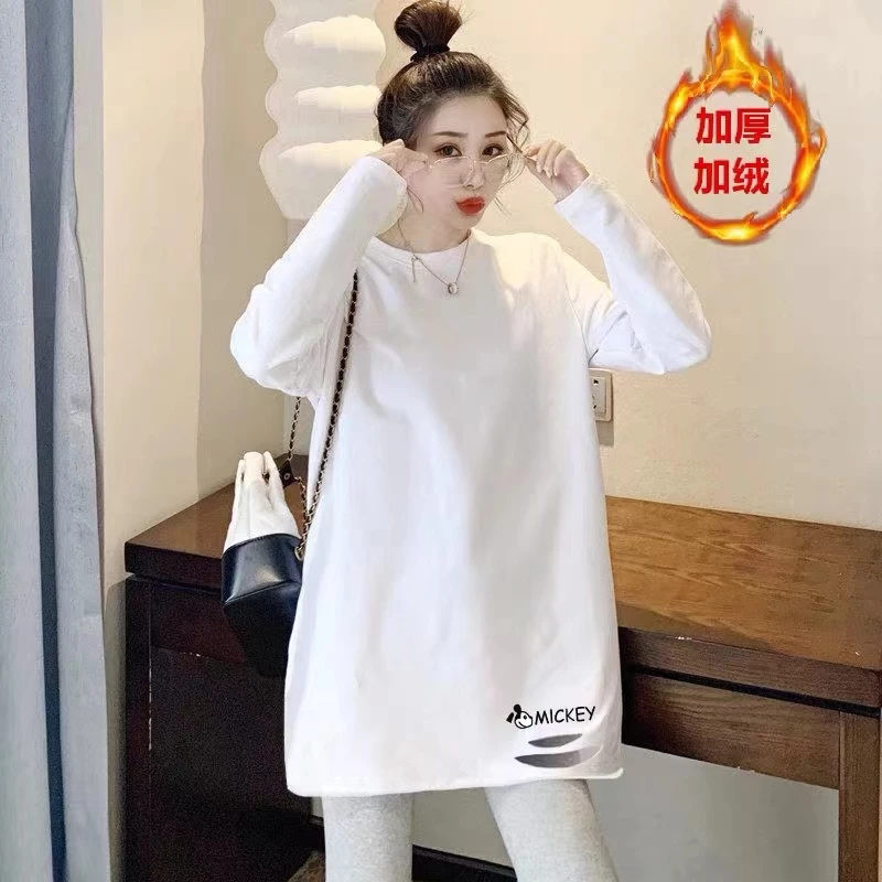【十三行工厂店】春秋冬季白色休闲时尚百搭米奇刺绣打底长袖Ｔ桖
