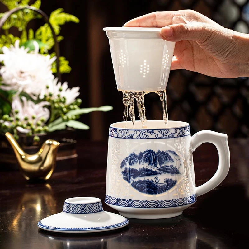 景德镇玲珑瓷办公杯茶杯带盖茶滤泡茶水大容量功夫茶具送礼家用杯