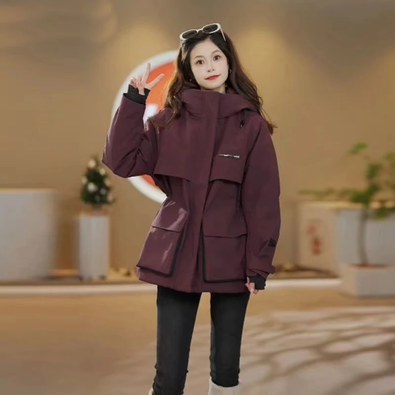 棉衣女2024新款中长款立领连帽工装派克服收腰时尚百搭加厚外套