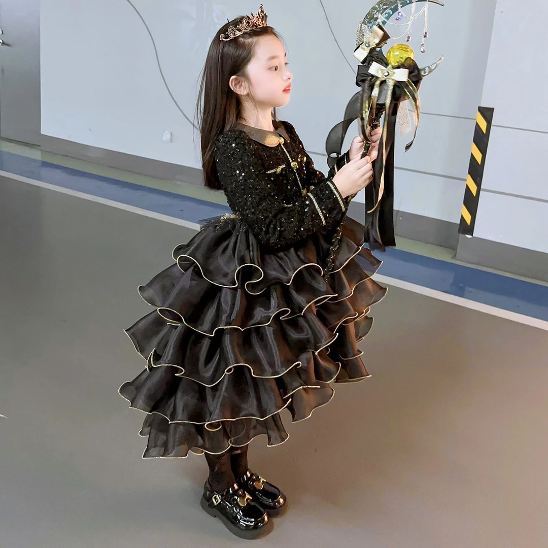 【城市机能】女童连衣裙秋公主蛋糕黑色黑金走秀亮片长袖儿童洛丽塔