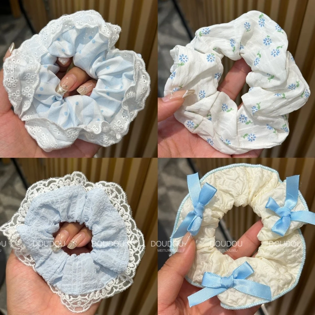 头饰蓝色系发圈少女大肠圈网甜美洋气皮筋蕾丝发绳ins发饰头绳