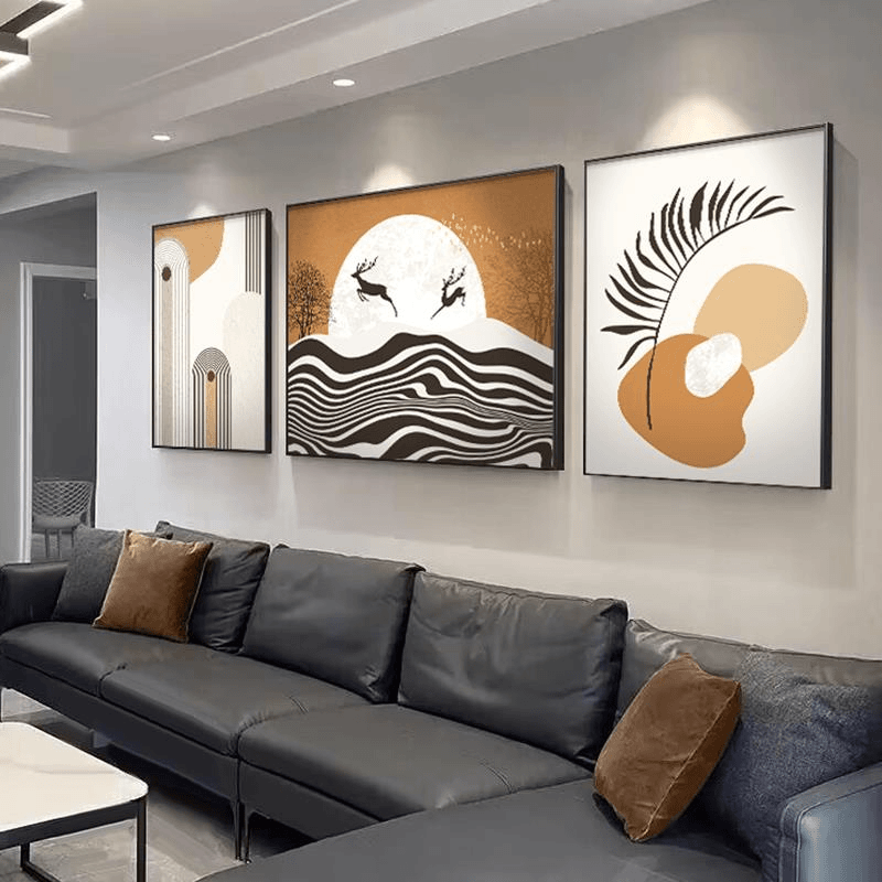 现代简约福鹿客厅装饰画三联组合墙画聚财挂画大气沙发背景墙壁画